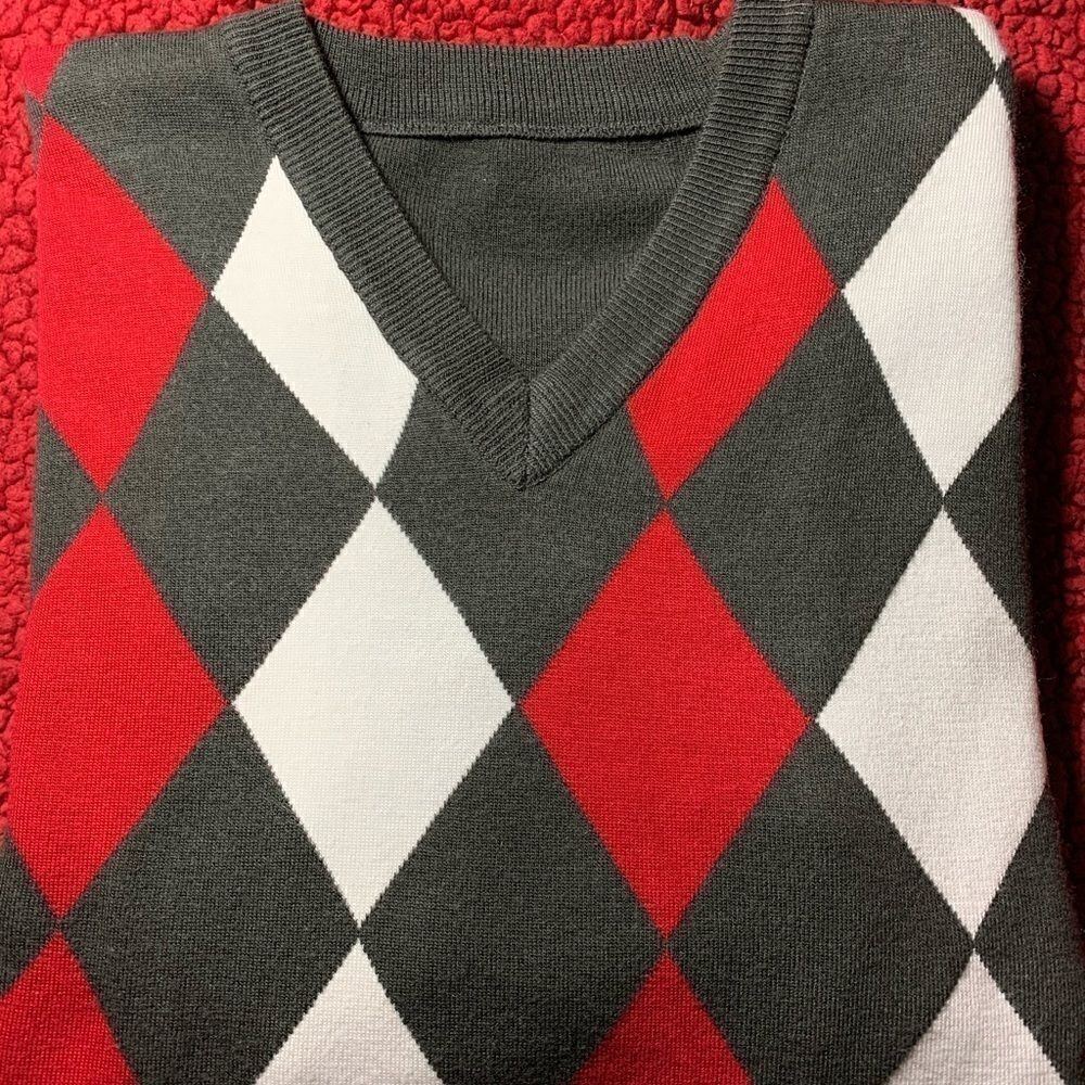 Gray, Red and White Argyle Sweater by Portabella